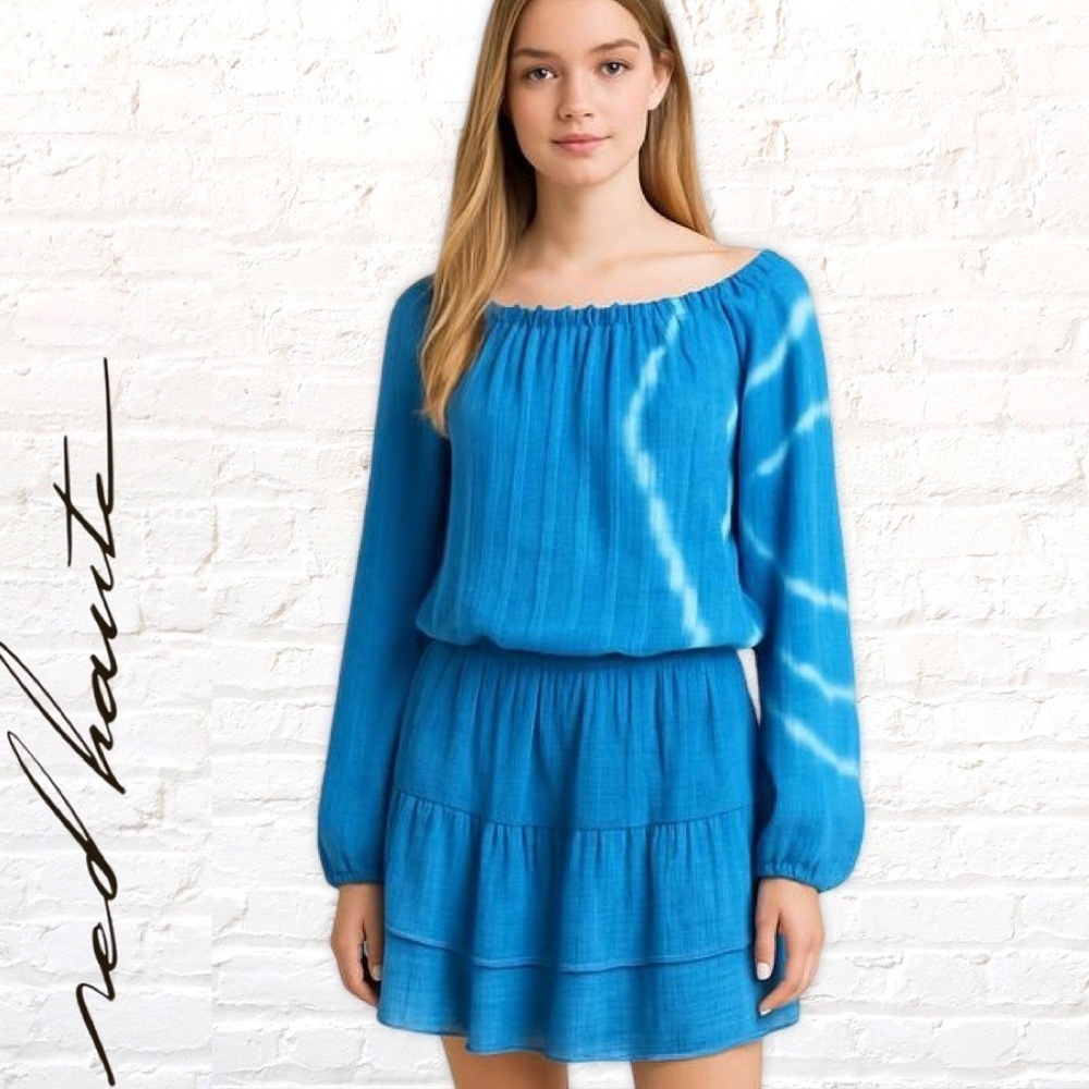 Red Haute Blue Tie Dye Long Sleeve Gauze Blouson Dress Size Small NWT